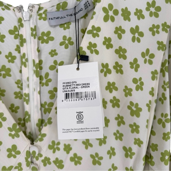 Faithfull the Brand NWT 4 Rubinetti Gita Green Floral Puff Sleeve Midi Dress - Picture 8 of 13